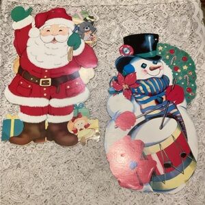 Vintage Santa & Snowman Large Holiday Die Cut Window Decor Cardboard Double Side